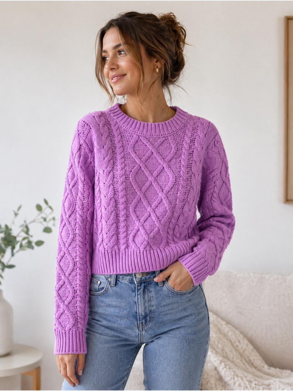 English Factory Lilac/Pink Cable Knit Crewneck Sweater Cropped Sz M